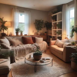 A cozy, functional living room filled with warm lighting, plush furniture, books and plants.