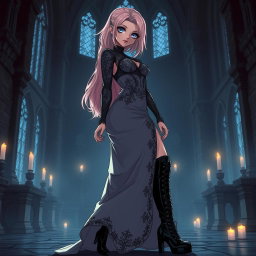 A sexy gothic anime princess with soft light pink hair styled elegantly, showcasing striking features with gothic makeup that enhances her captivating eyes and full lips