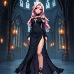 A sexy gothic anime princess with soft light pink hair styled elegantly, showcasing striking features with gothic makeup that enhances her captivating eyes and full lips