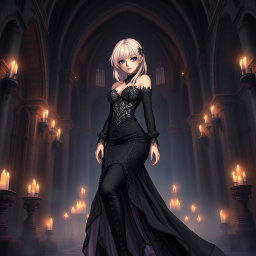 A sexy gothic anime princess with soft light pink hair styled elegantly, showcasing striking features with gothic makeup that enhances her captivating eyes and full lips
