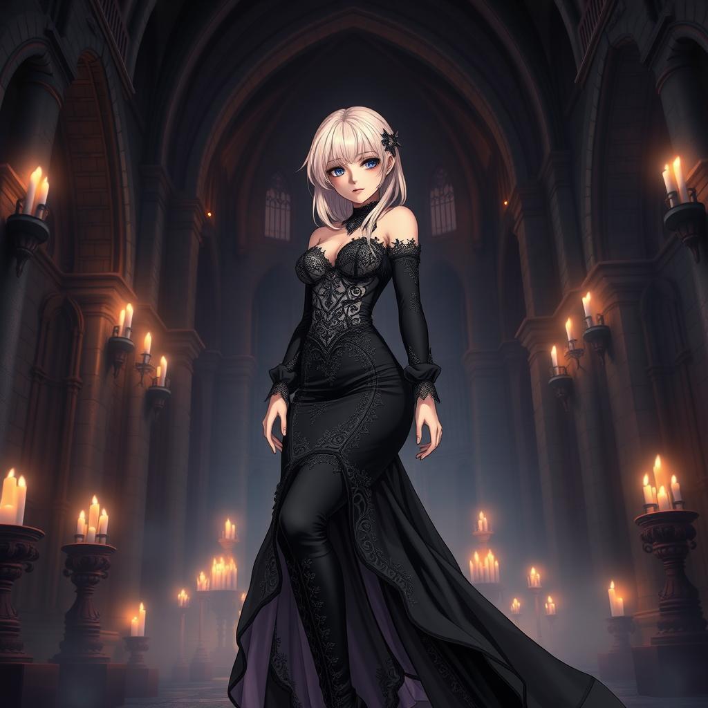 A sexy gothic anime princess with soft light pink hair styled elegantly, showcasing striking features with gothic makeup that enhances her captivating eyes and full lips