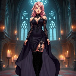 A sexy gothic anime princess with soft light pink hair styled elegantly, showcasing striking features with gothic makeup that enhances her captivating eyes and full lips