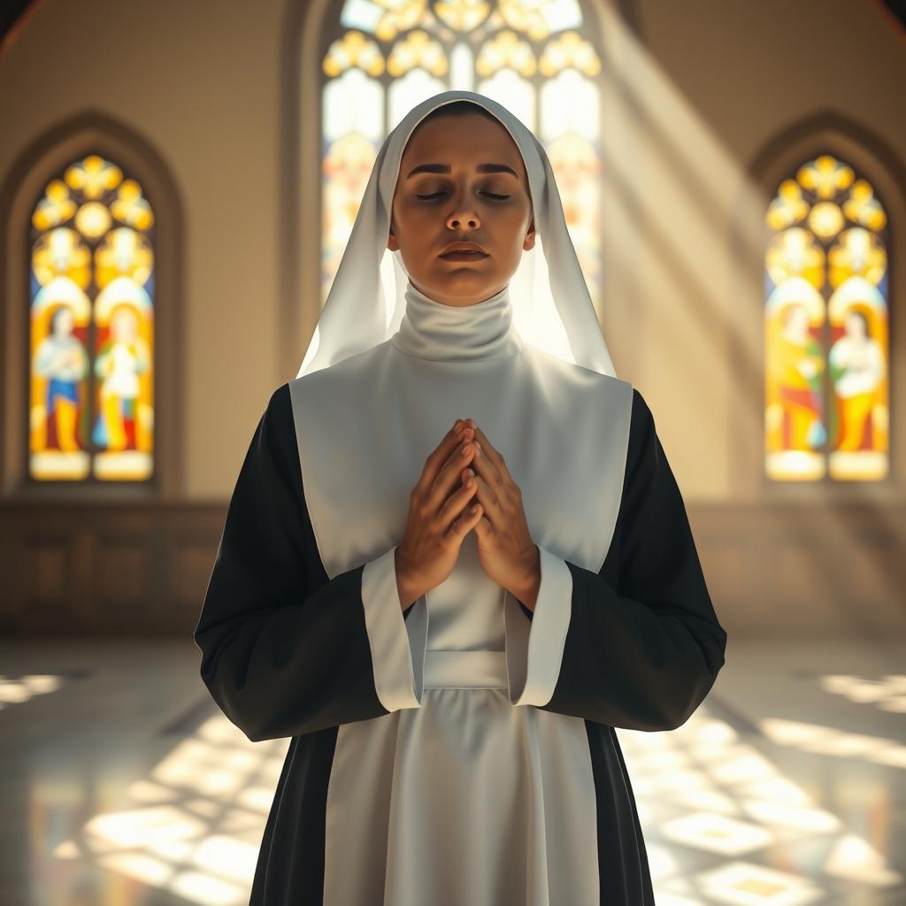 A serene nun in a tranquil setting, wearing a traditional habit, with an expression of deep reverence and devotion