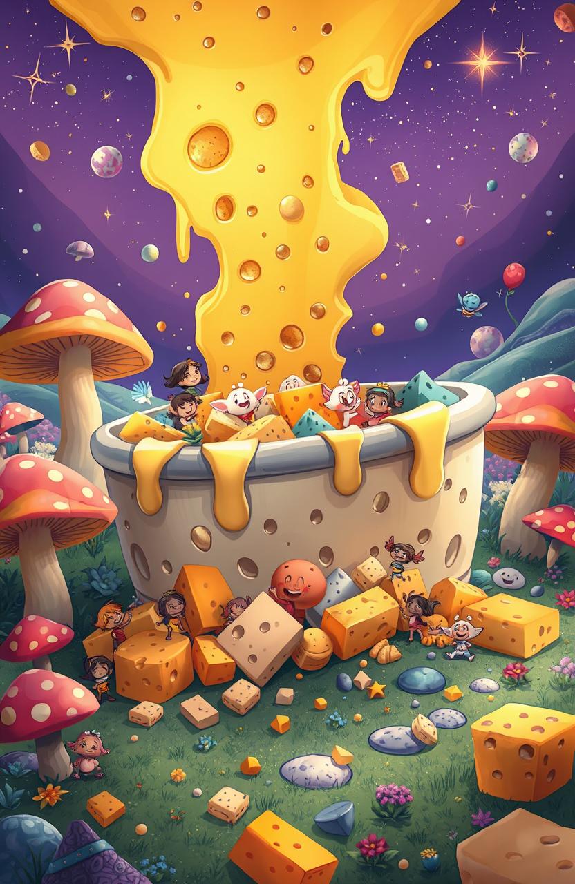An artistic depiction of a whimsical, gigantic tub overflowing with various types of cheese such as cheddar, mozzarella, and blue cheese, surrounded by playful cartoon-style characters that represent desires, like small mischievous spirits or fairy-like creatures joyfully interacting with the cheese
