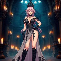 A sexy dominant gothic anime princess with striking light pink hair styled in an authoritative fashion, exuding confidence and allure