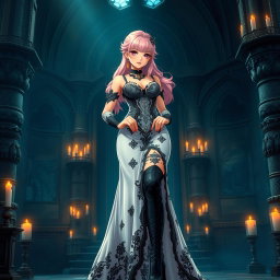 A sexy dominant gothic anime princess with striking light pink hair styled in an authoritative fashion, exuding confidence and allure