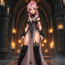 A sexy dominant gothic anime princess with striking light pink hair styled in an authoritative fashion, exuding confidence and allure