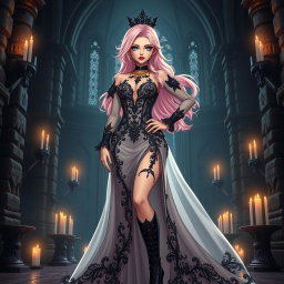 A sexy dominant gothic anime princess with striking light pink hair styled in an authoritative fashion, exuding confidence and allure