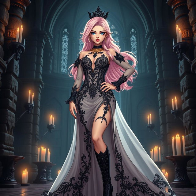 A sexy dominant gothic anime princess with striking light pink hair styled in an authoritative fashion, exuding confidence and allure