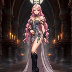 A sexy dominant gothic anime princess with beautiful light pink hair, styled with confidence