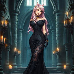 A sexy dominant gothic anime princess with beautiful light pink hair, styled with confidence