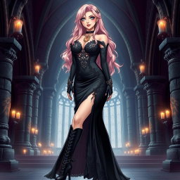 A sexy dominant gothic anime princess with beautiful light pink hair, styled with confidence
