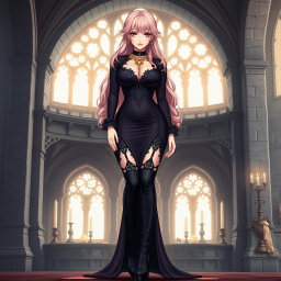 A sexy dominant gothic anime princess with beautiful light pink hair, styled with confidence