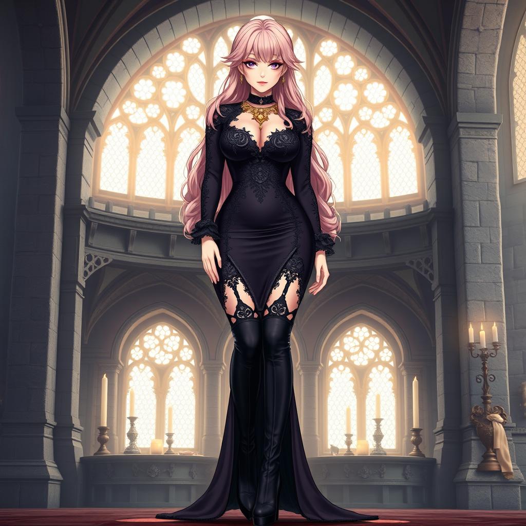A sexy dominant gothic anime princess with beautiful light pink hair, styled with confidence