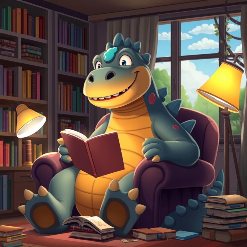 An attractive animated Godzilla sitting comfortably while reading a book