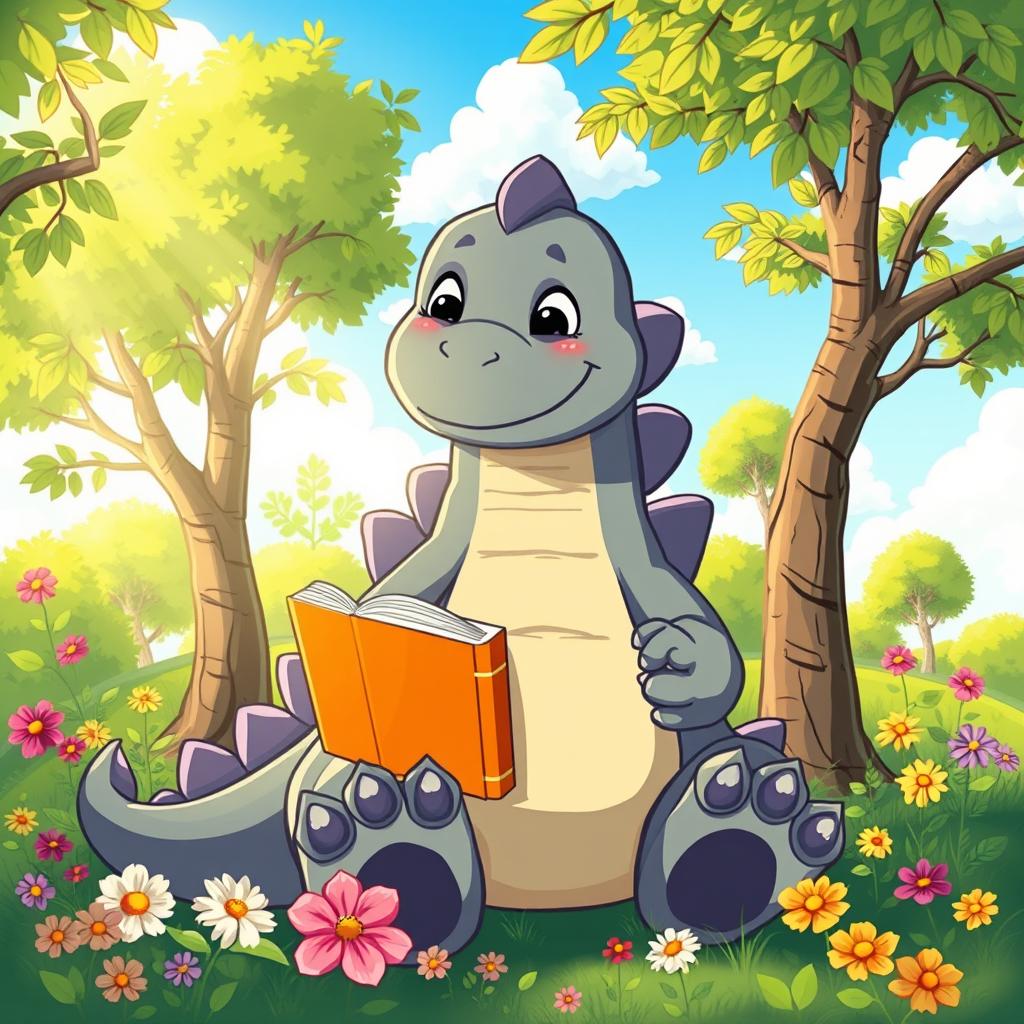 A charming cartoon animated Godzilla sitting peacefully while reading a book