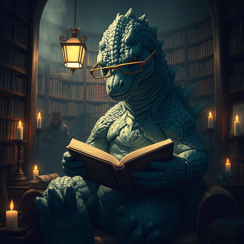 A captivating and terrifying Godzilla, towering and detailed, sitting comfortably in a cozy corner with oversized glasses perched on its nose, reading a large ancient book