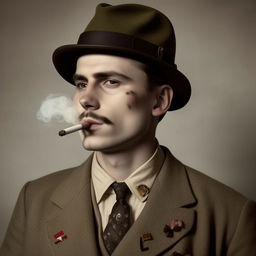 Depict a 29-year-old English gangster from Bristol, right after his part in WWII. Dressed in vintage attire, he is calmly smoking a cigarette.