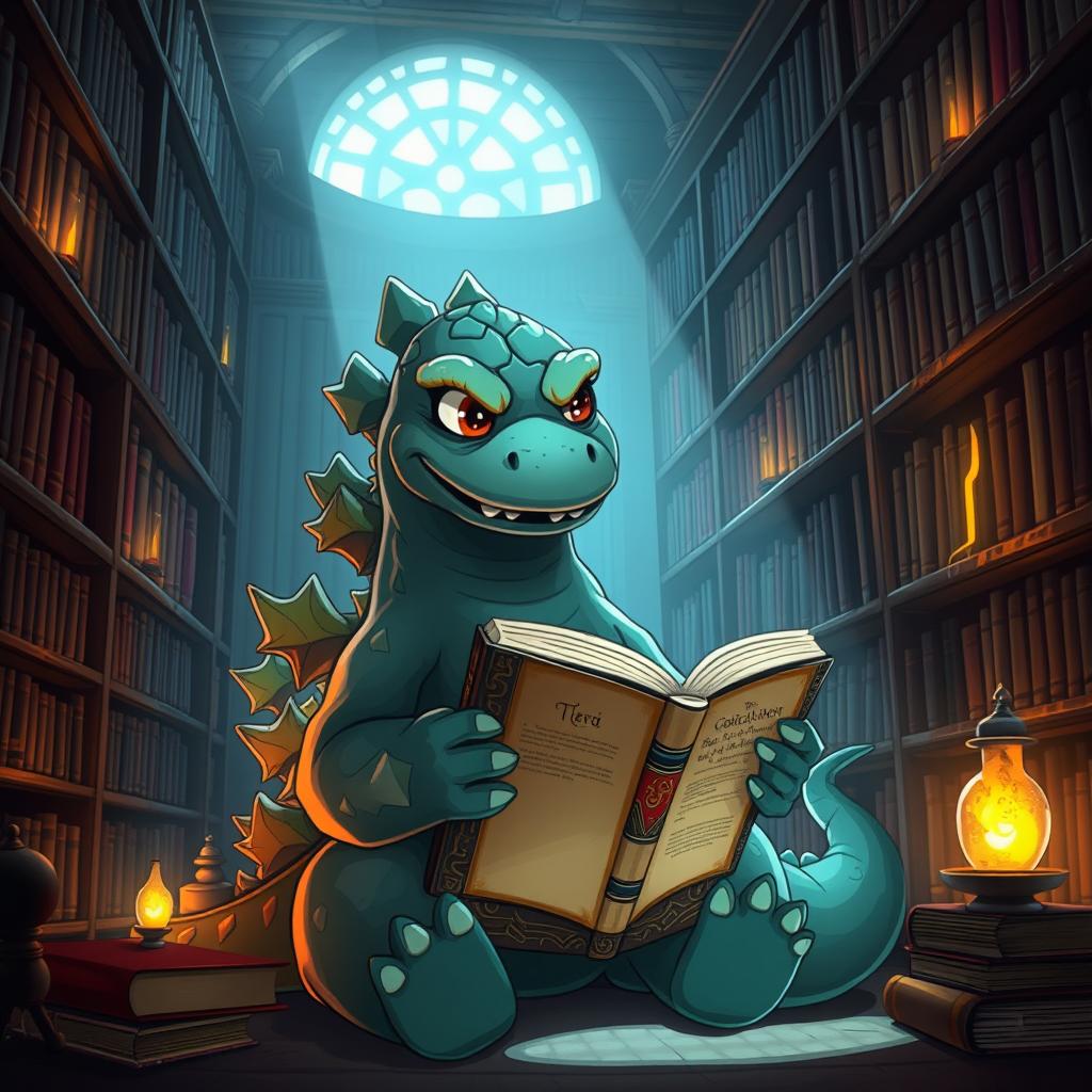A charming, cartoonish Godzilla character, looking fierce yet captivating, sitting in a cozy, dimly lit library filled with towering bookshelves