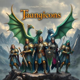 An enchanting portrait of a fantasy book cover, showcasing noble paladins in ornate armor, wielding gleaming swords and shields, standing valiantly alongside majestic drakes with shimmering scales and large wings