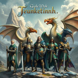 An enchanting portrait of a fantasy book cover, showcasing noble paladins in ornate armor, wielding gleaming swords and shields, standing valiantly alongside majestic drakes with shimmering scales and large wings