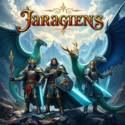 An enchanting portrait of a fantasy book cover, showcasing noble paladins in ornate armor, wielding gleaming swords and shields, standing valiantly alongside majestic drakes with shimmering scales and large wings