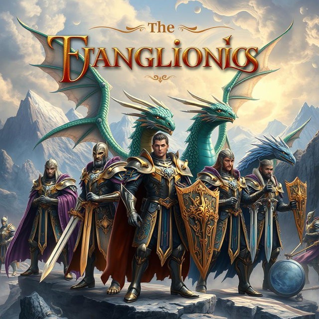 An enchanting portrait of a fantasy book cover, showcasing noble paladins in ornate armor, wielding gleaming swords and shields, standing valiantly alongside majestic drakes with shimmering scales and large wings