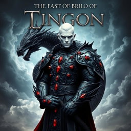 A striking portrait of a fantasy book cover featuring a formidable character with white skin, adorned in intricate black armor embellished with gleaming red rubies
