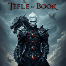 A striking portrait of a fantasy book cover featuring a formidable character with white skin, adorned in intricate black armor embellished with gleaming red rubies