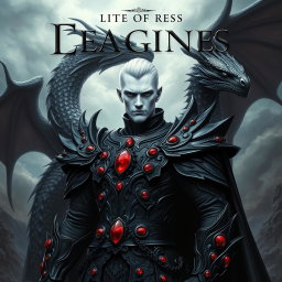 A striking portrait of a fantasy book cover featuring a formidable character with white skin, adorned in intricate black armor embellished with gleaming red rubies