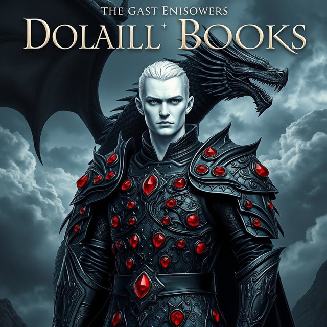 A striking portrait of a fantasy book cover featuring a formidable character with white skin, adorned in intricate black armor embellished with gleaming red rubies