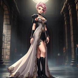 A sexy dominant gothic anime princess with striking light pink hair styled elegantly, wearing a long, alluring dress adorned with intricate details and luxurious gold jewelry