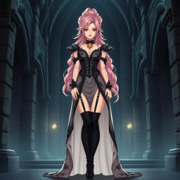A sexy dominant gothic anime princess with striking light pink hair styled elegantly, wearing a long, alluring dress adorned with intricate details and luxurious gold jewelry