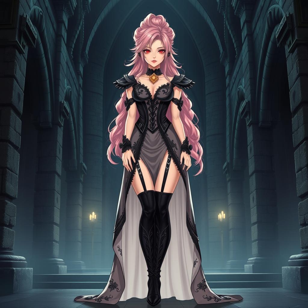 A sexy dominant gothic anime princess with striking light pink hair styled elegantly, wearing a long, alluring dress adorned with intricate details and luxurious gold jewelry