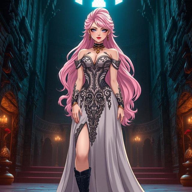 A sexy dominant gothic anime princess with striking light pink hair styled elegantly, wearing a long, alluring dress adorned with intricate details and luxurious gold jewelry