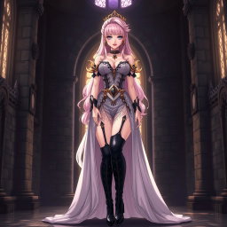 A sexy dominant gothic anime princess with striking light pink hair styled elegantly, wearing a long, alluring dress adorned with intricate details and luxurious gold jewelry
