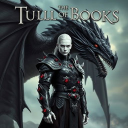 A captivating portrait of a fantasy book cover featuring a character with striking white skin, clad in intricate black armor adorned with radiant red rubies set into the armor