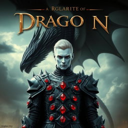 A captivating portrait of a fantasy book cover featuring a character with striking white skin, clad in intricate black armor adorned with radiant red rubies set into the armor