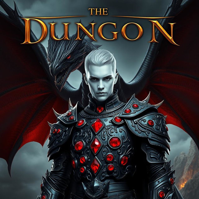 A captivating portrait of a fantasy book cover featuring a character with striking white skin, clad in intricate black armor adorned with radiant red rubies set into the armor
