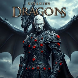 A captivating portrait of a fantasy book cover featuring a character with striking white skin, clad in intricate black armor adorned with radiant red rubies set into the armor