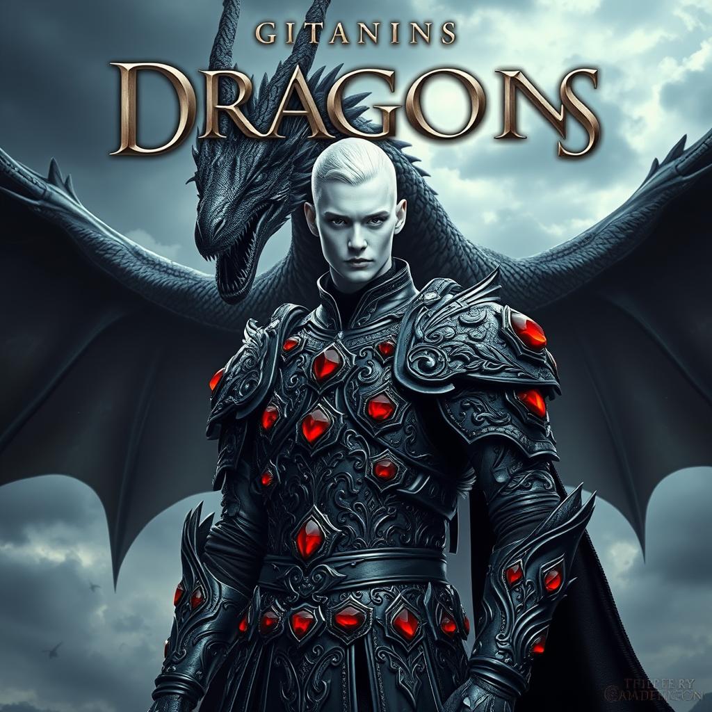 A captivating portrait of a fantasy book cover featuring a character with striking white skin, clad in intricate black armor adorned with radiant red rubies set into the armor