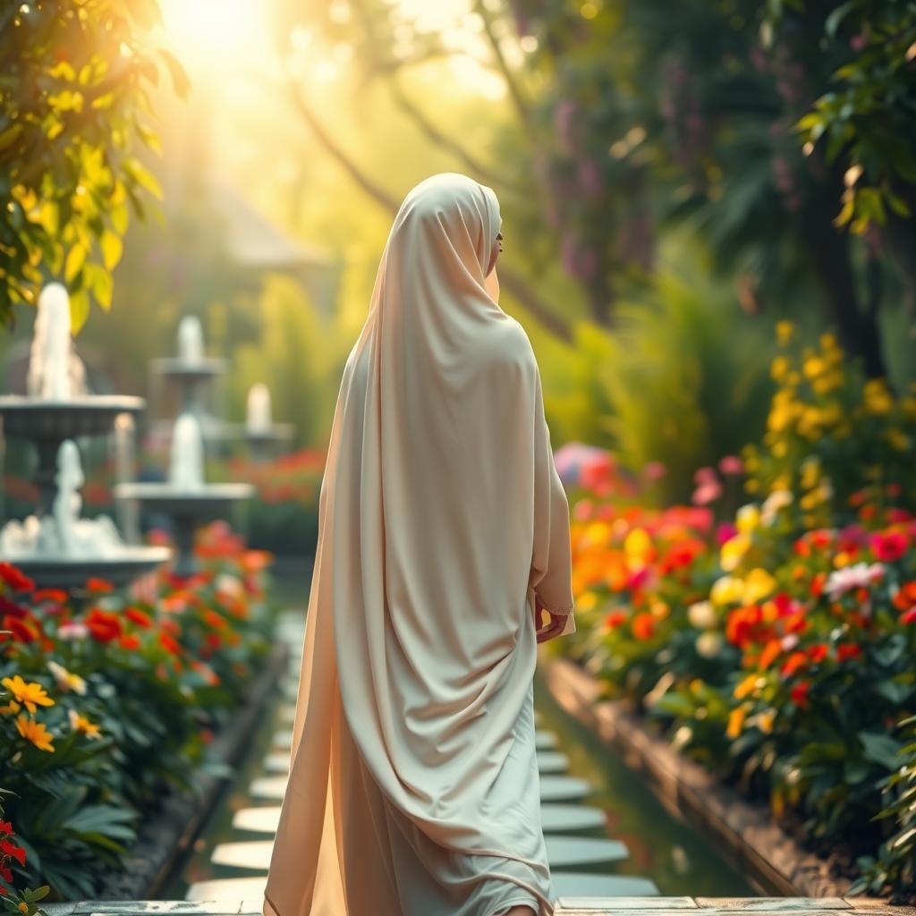 A heavenly scene in paradise featuring a beautiful girl from the houris, walking gracefully