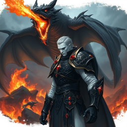 A mesmerizing fantasy illustration featuring a character with striking white skin, armored in intricate black plate armor embellished with radiant red rubies set prominently on the shoulders