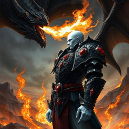 A mesmerizing fantasy illustration featuring a character with striking white skin, armored in intricate black plate armor embellished with radiant red rubies set prominently on the shoulders
