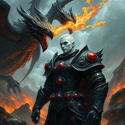 A mesmerizing fantasy illustration featuring a character with striking white skin, armored in intricate black plate armor embellished with radiant red rubies set prominently on the shoulders
