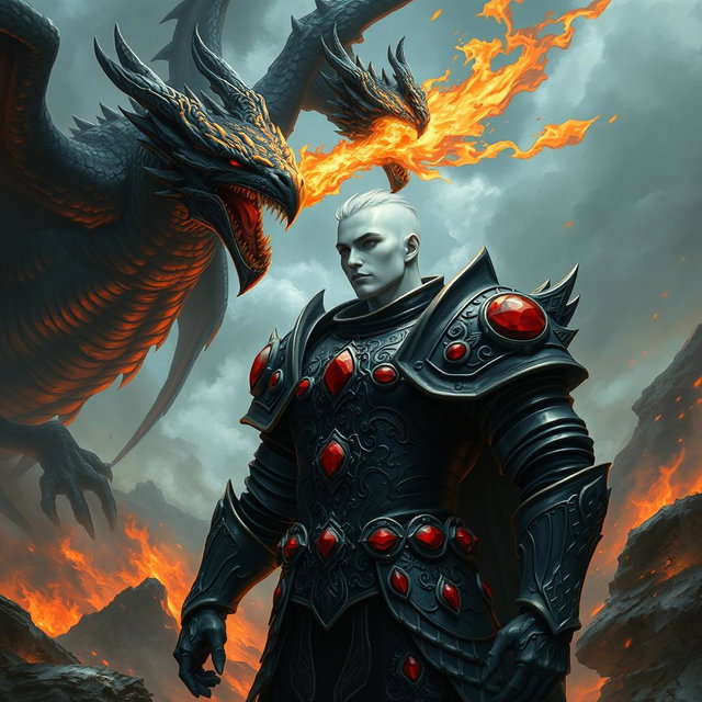 A mesmerizing fantasy illustration featuring a character with striking white skin, armored in intricate black plate armor embellished with radiant red rubies set prominently on the shoulders