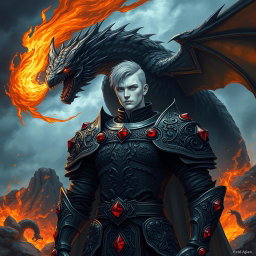 A mesmerizing fantasy illustration featuring a character with striking white skin, armored in intricate black plate armor embellished with radiant red rubies set prominently on the shoulders