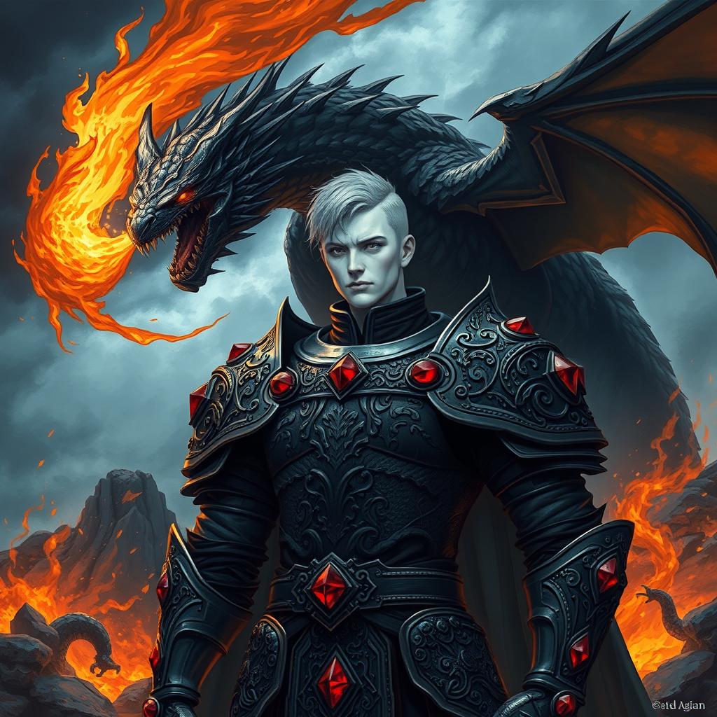 A mesmerizing fantasy illustration featuring a character with striking white skin, armored in intricate black plate armor embellished with radiant red rubies set prominently on the shoulders