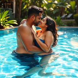 A romantic scene in a refreshing swimming pool showcasing a tall Indian woman with a curvy figure, highlighted by her thick thighs, sharing a passionate kiss with her boyfriend