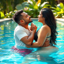 A romantic scene in a refreshing swimming pool showcasing a tall Indian woman with a curvy figure, highlighted by her thick thighs, sharing a passionate kiss with her boyfriend